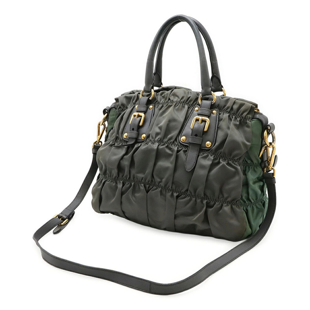 Prada Handbag Green Dark Gray Leather Gathered Bag Khaki Crossbody Green Gray